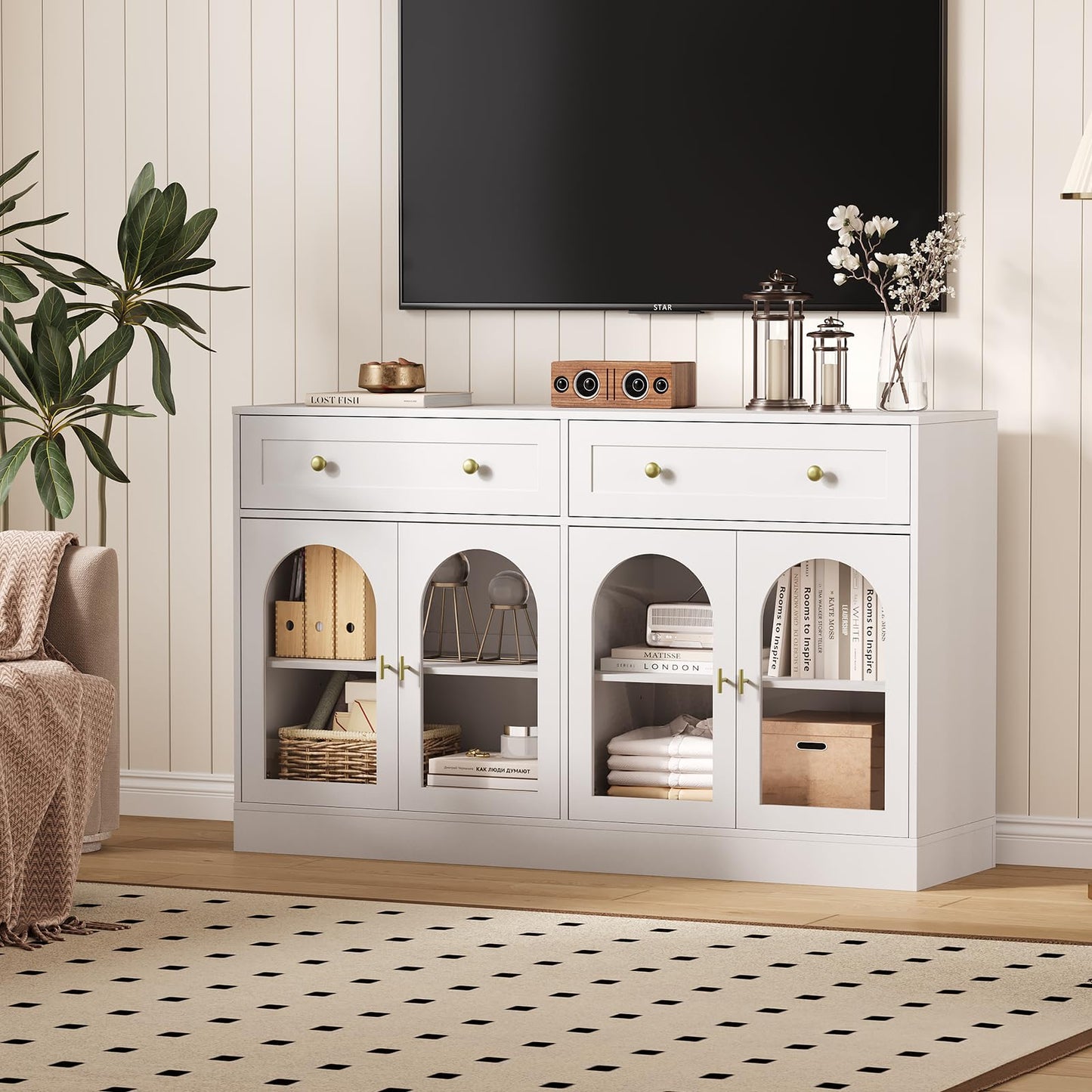 55" Farmhouse Sideboard Buffet Cabinet with Storage, Large Glass Display Cabinet Console Coffee Bar Buffet Table with 2 Drawers & Acrylic Doors for Kitchen, Dining Room, Living Room, White