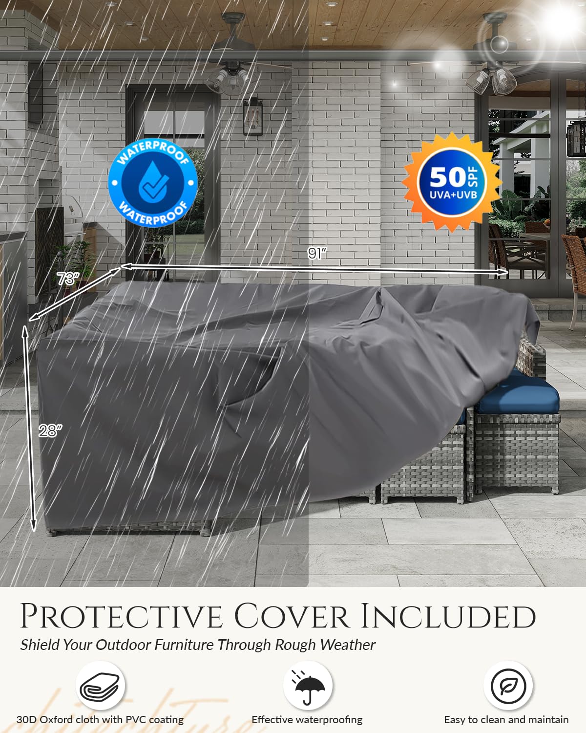 U-MAX 7 Pieces Patio Furniture Set with Waterproof Cover, Outdoor Sectional Sofa Conversation Set, All Weather Wicker Rattan Dining Table & Chair with Ottoman, Grey Rattan&Dark Blue Cushion