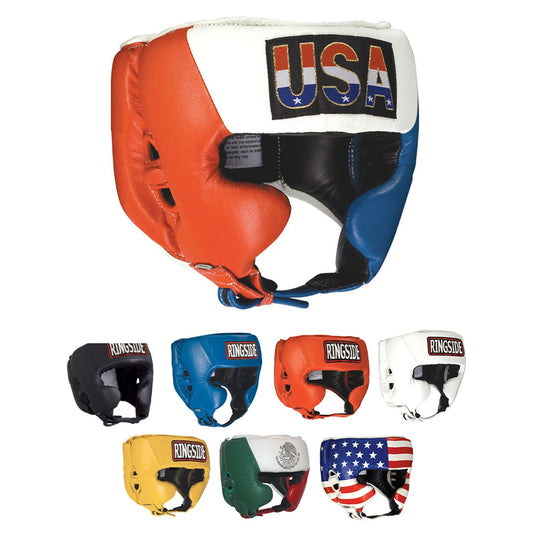 Ringside Competition-Like Boxing Headgear, Leather Sparring Headgear with Cheek Protection, Great for Boxing, MMA, Muay Thai, Kickboxing, and Training, Ideal for Men and Women, Red/White/Blue, Medium