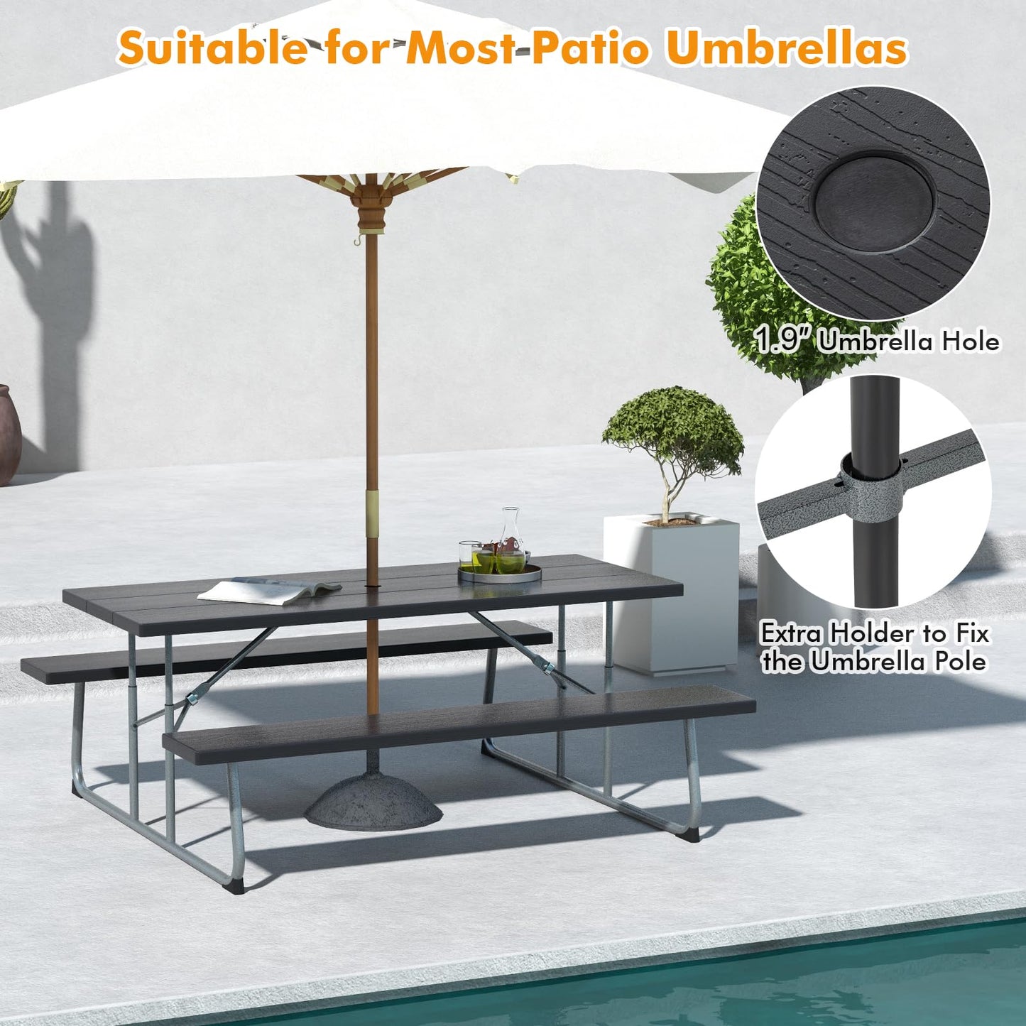 Tangkula 6 Ft Folding Picnic Table, Outdoor 8 Person Large Picnic Table Set with 2 Built-in Benches, Umbrella Hole, Metal Frame & HDPE Tabletop for Garden, Backyard (Black)