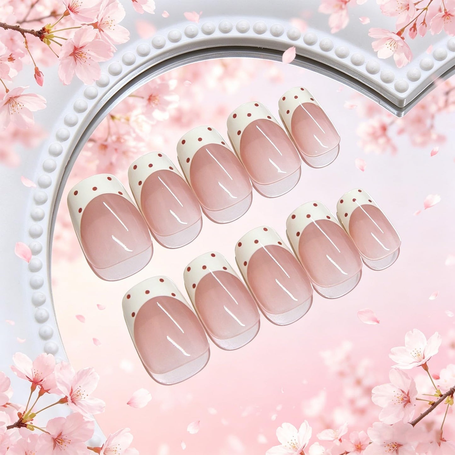 HZJXRT Press on Nails Short Square White French Tips False Nails with Fresh Design, Polka Dots Fake Nail Glossy Brown Stick on Artificial Fingernails Reusable Simple Stick on Nail for Women Daily Wear