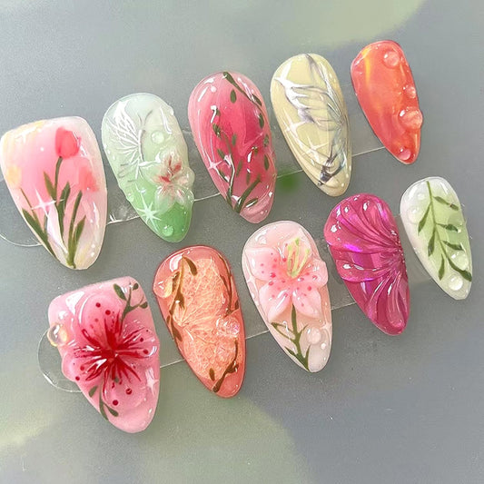 24Pcs Spring Colorful Flower Press on Nails Medium Almond Fake Nails Floral Butterfly Glossy Design Pink Full Cover Stick on Nails Flowers Nail Art Acrylic False Nails Set for Women DIY Manicure
