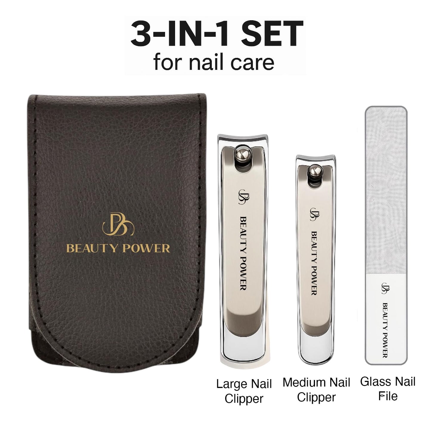 Beauty Power Nail Clippers Set 3 in 1 - Stainless Steel Toe Nail Clippers, Fingernail Clipper, Glass Nail File, Anti Splash, Ergonomic Grip in Black PU Leather Travel Case for Men & Women - Gift Idea