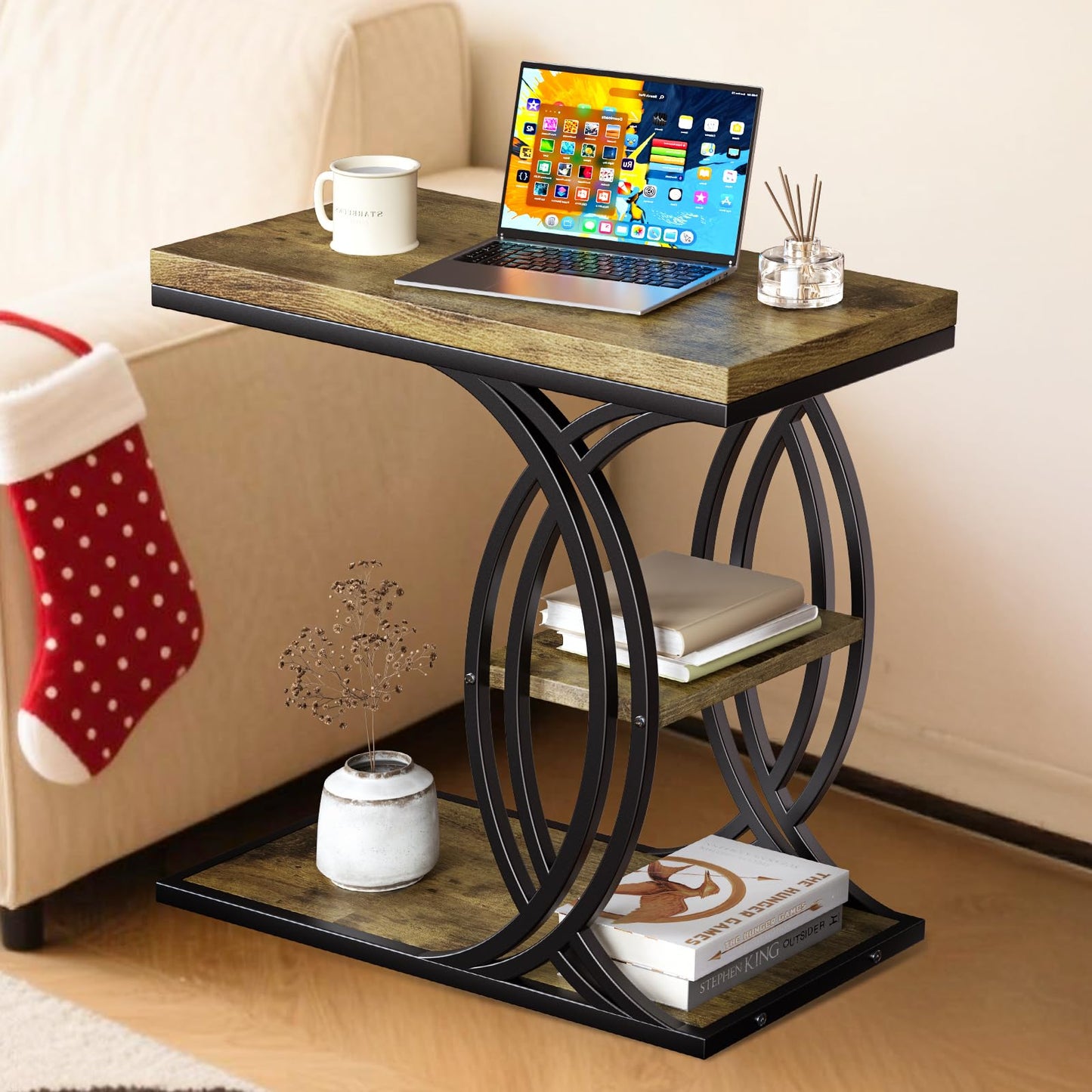 FJLHOHG C Shaped End Table, Bed Side Table, 3-Tier Side Table with Metal Frame, Wood End Table with Storage for Living Room, Couch, Sofa, Bedroom, Easy Assembly, 23.6" D*11.8" W*23.6" H, Rustic Brown
