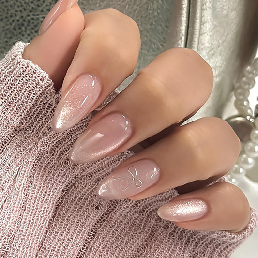 HOSAILY Nude Pink Cat Eye Medium Almond Press-on Nails with 3D Silver Bow Accents Design, 24pcs Glossy Cute Pretty Durable Classic Full Cover Stick on Fake False Acrylic Nails for Women Daily Wear
