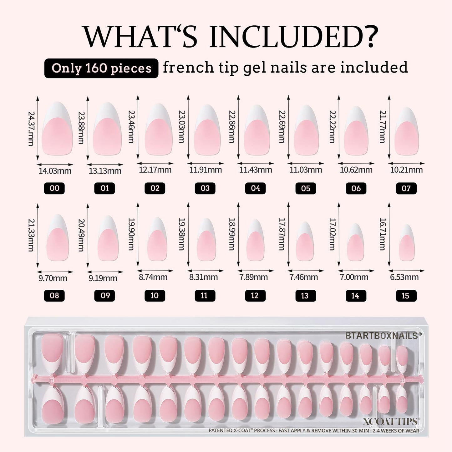 BTArtboxnails French Gel Nail Tips - French Tip Press on Nails Pink Medium Almond XCOATTIPS for Nail Extensions
