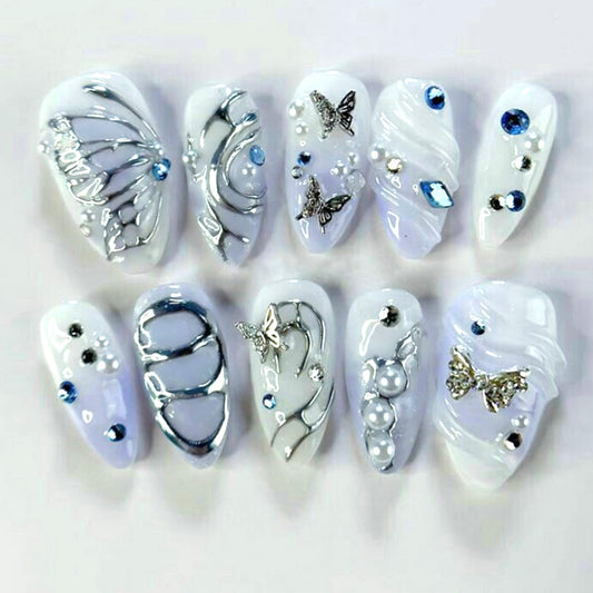 24Pcs French Tip Press on Nails Medium Almond Fake Nail with 3D Ripple Silver Irregular Stripe Pearl Design Cute Butterfly False Nail Light Color Full Cover Artificial Handmade Stick on Nail for Women