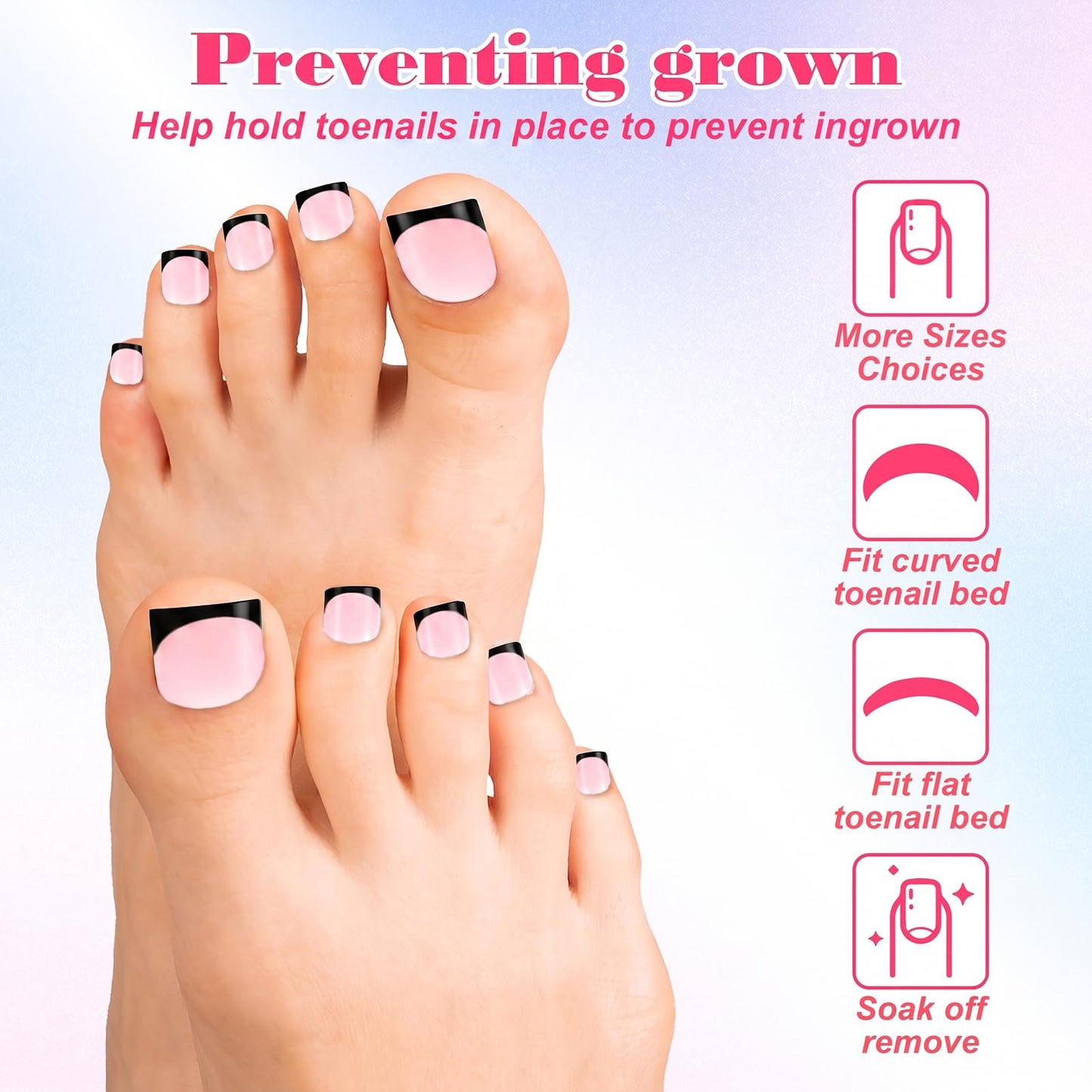 150 Pcs French Tip Toes,French Tip Toe Nails Square Fake Toenails Full Cover Toe Nail Press Ons Kit For Women Pedicure Decor,15 Sizes(Black Edges)