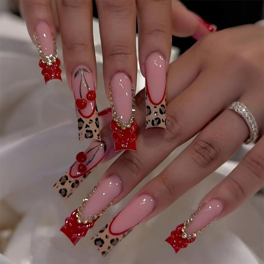 SEENEEY Long Press on Nails Square Red Cherry Stick on Nail for Women 24pcs
