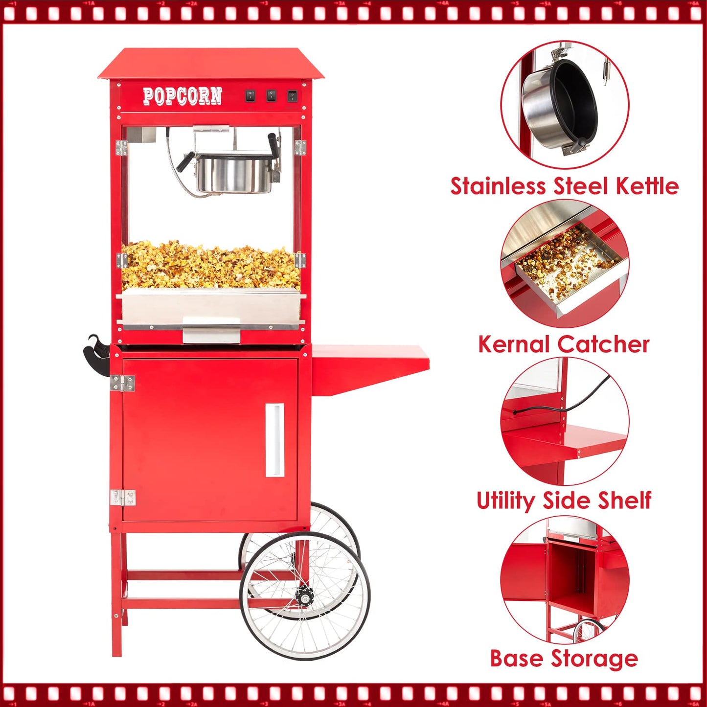 Takywep Commercial Popcorn Machine Cart, Popcorn Maker with 10 Oz Kettle Makes Up to 64 Cups, 3-Switch Control, Theater Style Popcorn Poppers