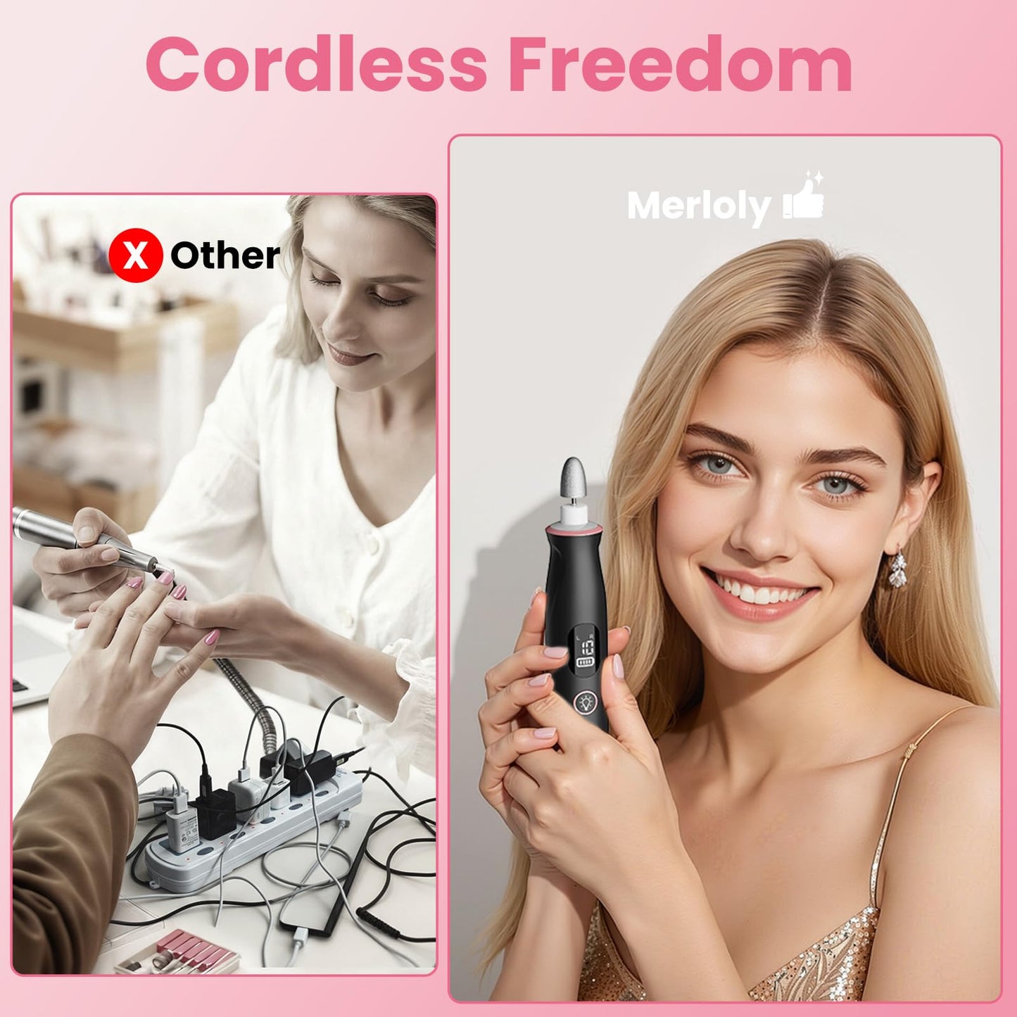 Merloly Nail Drill Kit,Black Cordless Electric Nail File with 10 Speed,10 Bits and LED Light,for Acrylic Nails,Gel Polish Removal and Thick Toenails,Easy for Beginners