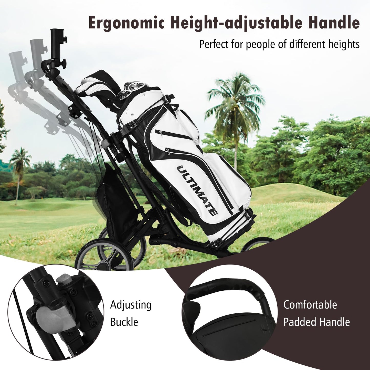 ULTIMATE 3 Wheel Golf Push Cart, Aluminum Folding Golf Walking Push Cart w/Elastic Strap, Umbrella & Cup Holder, Scoreboard Storage, Insulated Storage Bag, Adjustable Handle & Foot Brake (Gray)