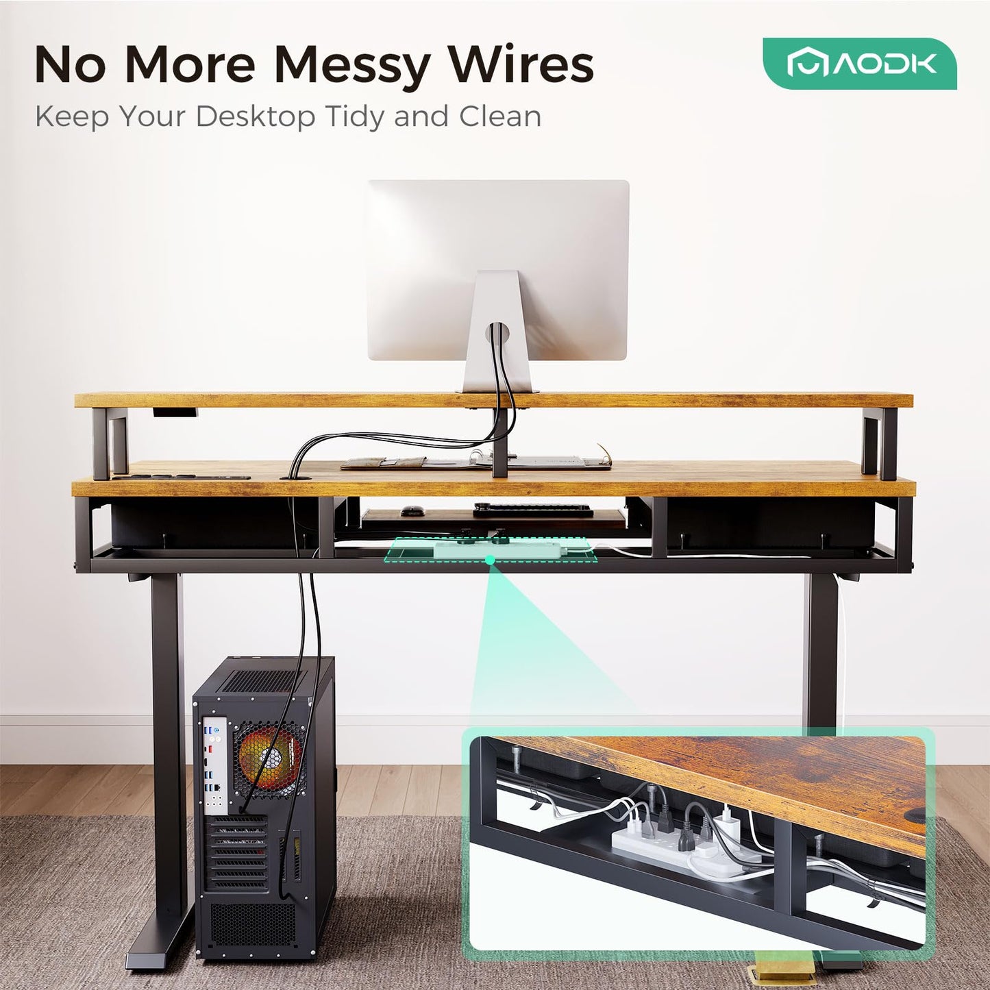 AODK Electric Standing Desk with Drawers & Keyboard Tray, 55 Inch Height Adjustable Gaming Desk with Power Outlets & LED Lights, Sit Stand Table with Monitor Stand for Home, Office, Rustic Brown