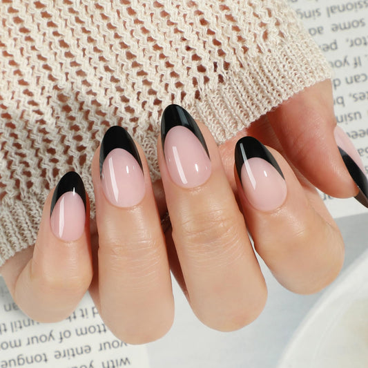 UNA GELLA French Tip Press On Nails Almond: Black Soft Gel Press Ons Short Kit with Nail Tips Glue on Nails, 16 Sizes - 32 Reusable Fake Nails, Black French