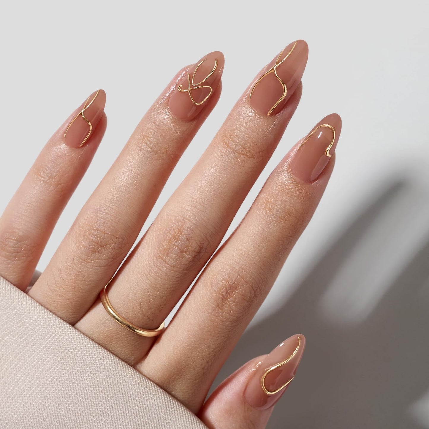 BTArtbox Press On Nails Almond - Fall Press On nails with 3D Gold Lines Design, Medium Glue On Nails with Nail Glue, Vanilla Cream & Radiant Ribbons