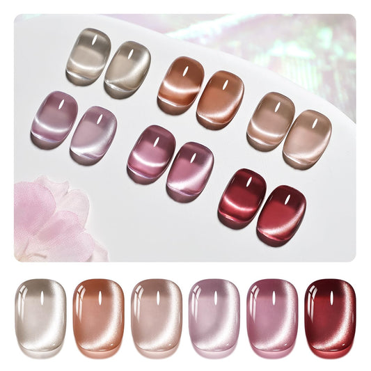 JODSONE Cat Eye Gel Nail Polish Set Red Brown Collection 6 Colors for Holographic Glitter Cat Eye with Magnet Gift for Girls at Home Salon Design