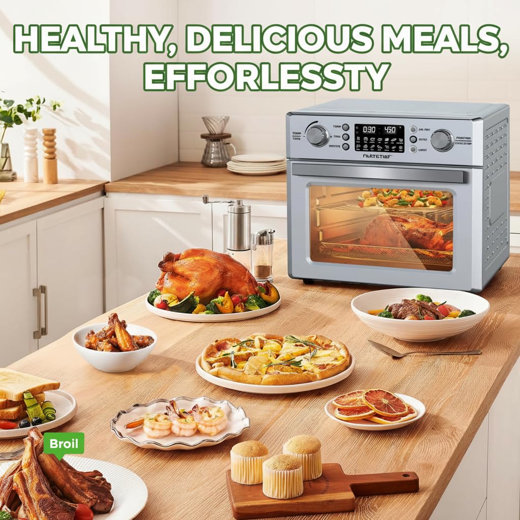 NutriChef 26L Electric Air Fryer Oven | 1700W Countertop Rotisserie & Air Fryer | 360° Rotating Feature | 10 Menu Presets | Includes Drip Tray, Air Frying Basket & Bake Rack 15x16x14 | Stainless Steel