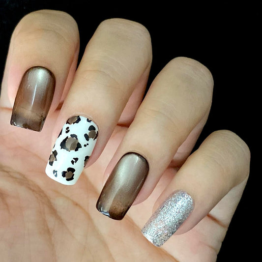 DreamRunNails Handmade Press on Nails, Medium Almond Glue on Nails, Glossy Finish False Nails, Bronze and Leopard Print with Silver Glitter, Reusable Acrylic Fake Nails