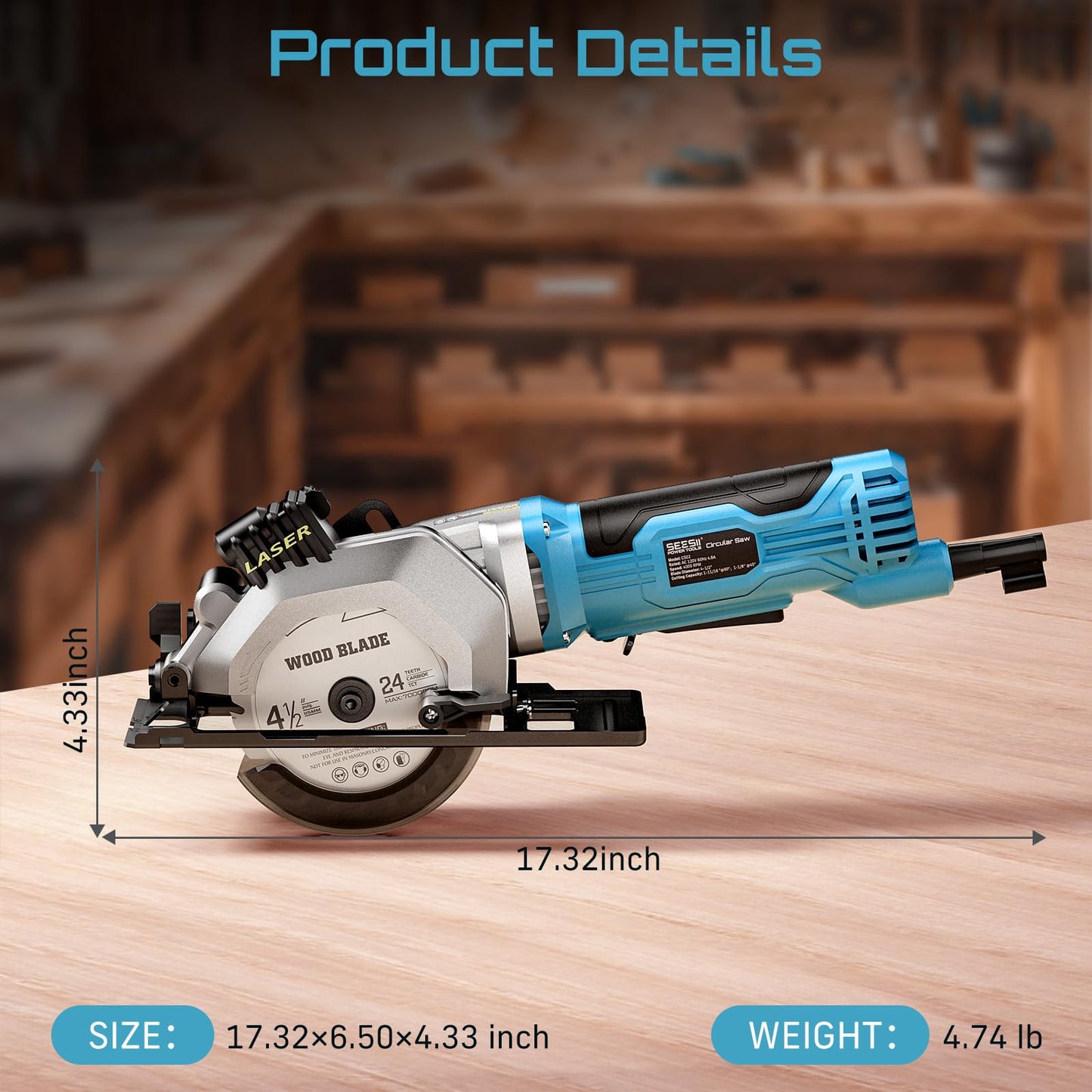Seesii Mini Circular Saw with Laser Guide,4.8A 4000 RPM Compact Corded Circular Saw with Rip Guide,3 Blades (4-1/2") for Wood,Soft Metal,Tile,Plastic Cutting,Max Cut Depth 1-11/16"(90°),1-1/8" (45°)