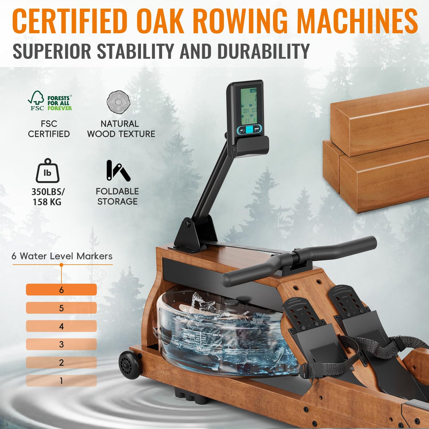 Water Rowing Machine for Home Use, WENOKER Foldable Wooden Rower Machine with Adjustable Monitor & Bluetooth APP, Large Water Tank & Comfortable Seat for Immersive Water Rower, 350LBS Weight Capacity