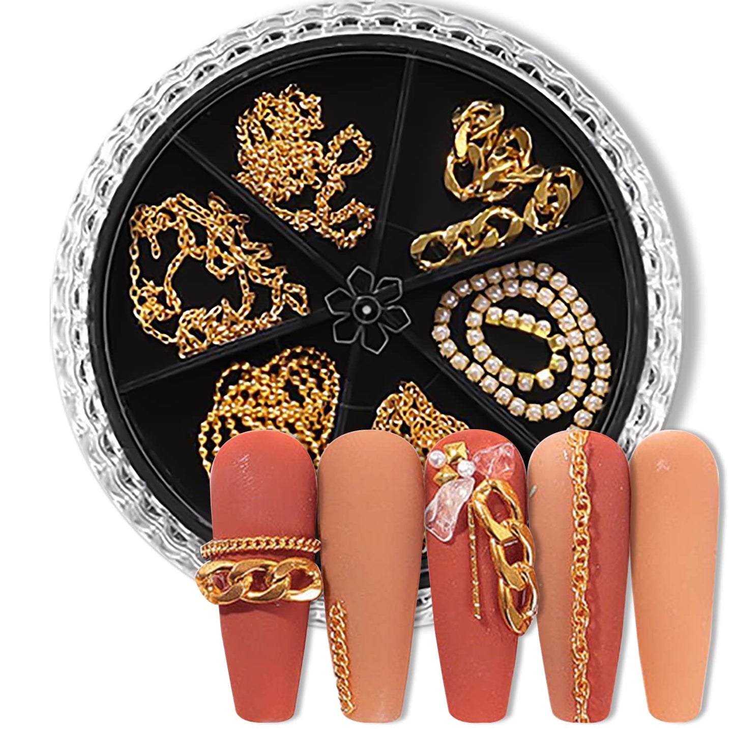 SILPECWEE 4 Boxes Gold Nail Charms Nail Jewels 3d Nail Art Charms Hollow Nail Studs Beads Charms For Nails Metal Chains Nail Art Decoration with Tweezers