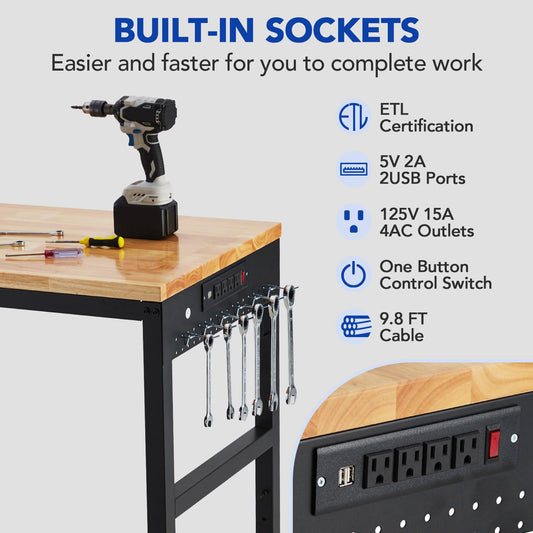 Workbench Adjustable 75' x 25', 2000 Lbs Load Capacity, 29.5"-38.4" Heights Garage Worktable with Universal Wheels & Power Outlet, Heavy-Duty Table for Workshop Office Home Commercial
