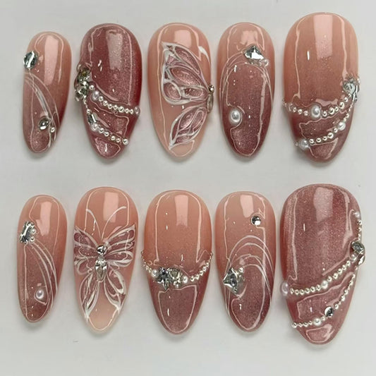 TBRZTR Press on Nails Medium Artificial Almond Acrylic False Nails 3D Butterfly with Rhinestones Pearl Glitter Stick on Nail Full Cover Reusable Coffin Artificial Fingernails for Women Manicure 24Pcs