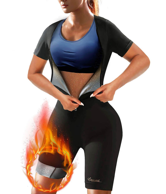 CEPORASK Sauna Suit For Women Weight Loss Full Body Workout Sweat Vest Waist Trainer Suana Suite Shirt Gym Slimming Shapewear (L)