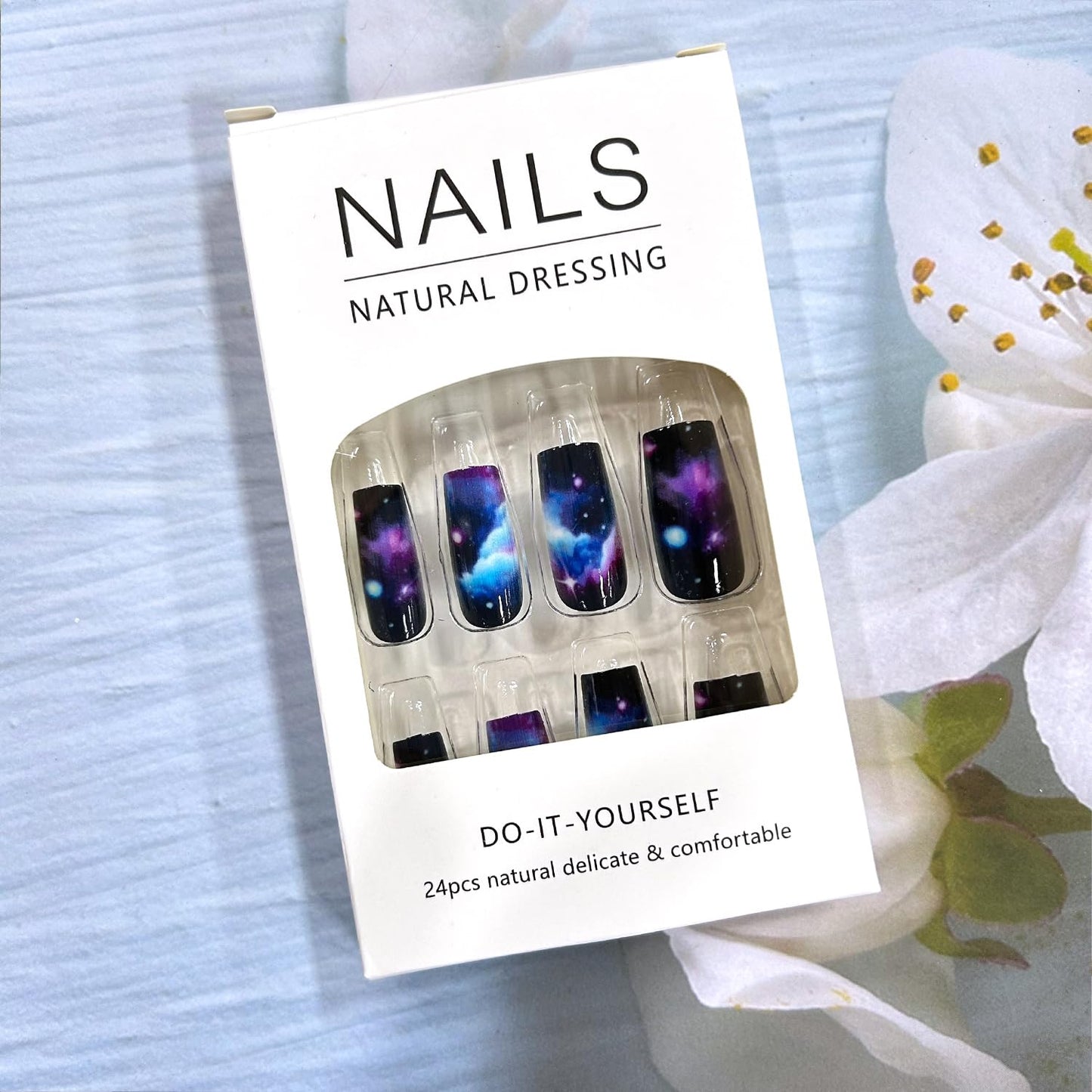 LOPMNGHT 24Pcs Press on Nails Medium Length Starry Sky Smudge False Nails Black Gradient Acrylic Nails Full Cover Stick on Nails Artificial Nails Reusable Glossy Glue on Nails for Women
