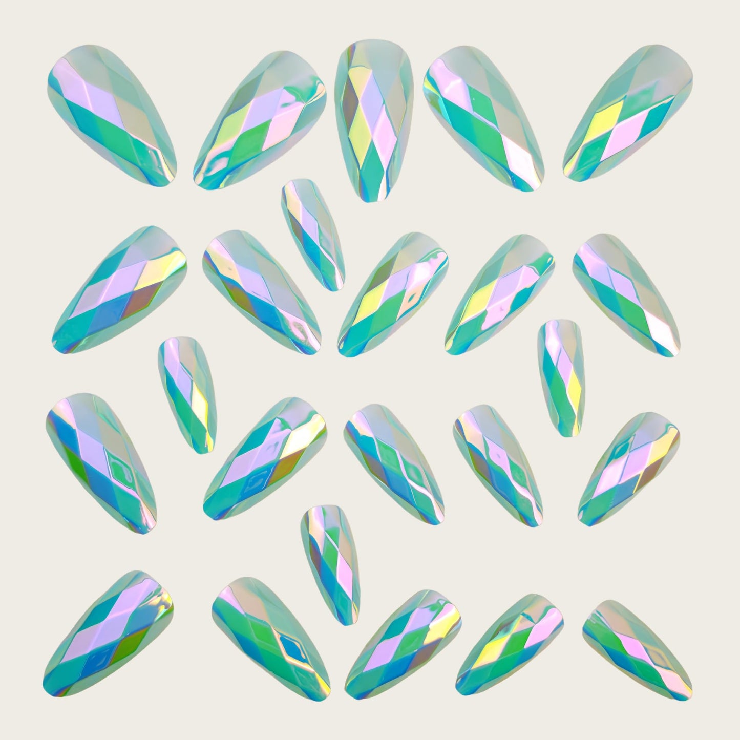 Mint Green Rhombus Electroplated Press on Nails Medium Almond Fake Nails Designs Mirrored Metal False Nails Light Green Full Chrome Grid Cover for Women Girls Daily Wearable Manicure Decoration 24Pcs