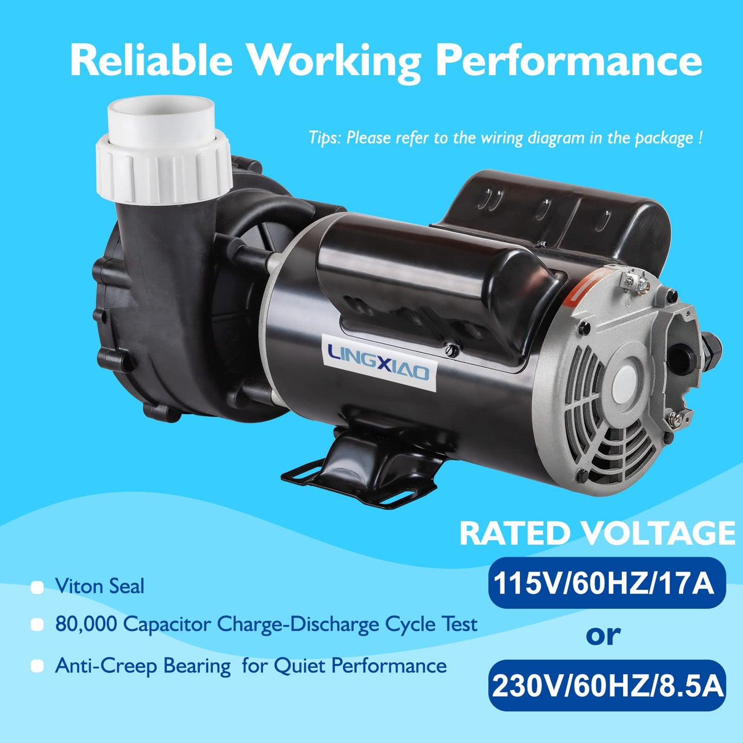 LINGXIAO Single Speed Hot Tub SPA Pumps - LX SPA Pump Motor 2.5HP, (115V or 230V)/60HZ, 2" Port, 48 Frame High Performance SPA Pump - (Model: 48WUA1653C-I)