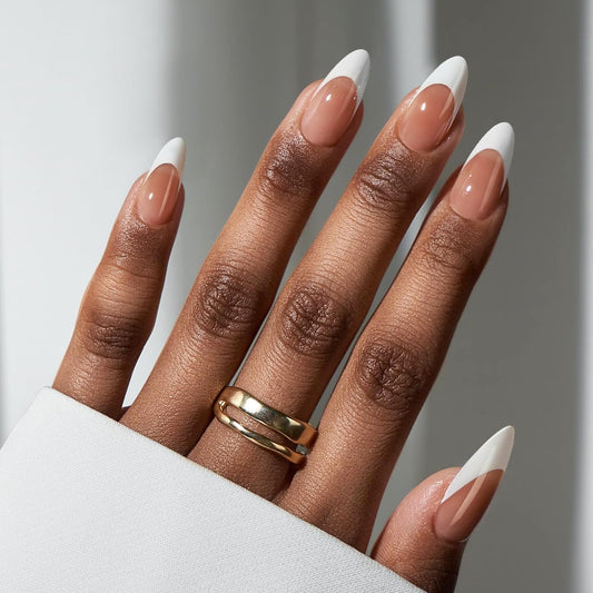 BTArtbox French Tip Press On Nails - Medium Press On Nails Almond, Natural Fake Nail with Nail Glue, Brown Glue On Nails in 16 Sizes - 32 Fake Nails Kit, Capable