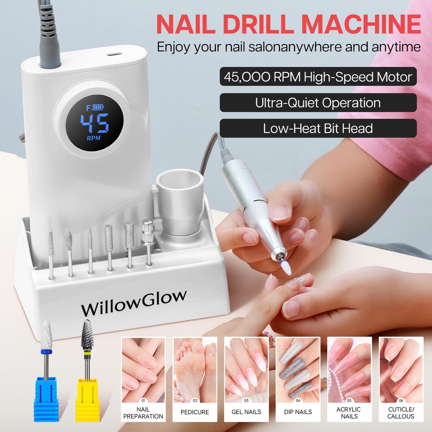 Nail Drill 45000 RPM with Charging Dock, Professional Efile Kit for Acrylic Gel Removal, Electric Nail File Machine with Ceramic & Tungsten Bits, for Home Salon Use