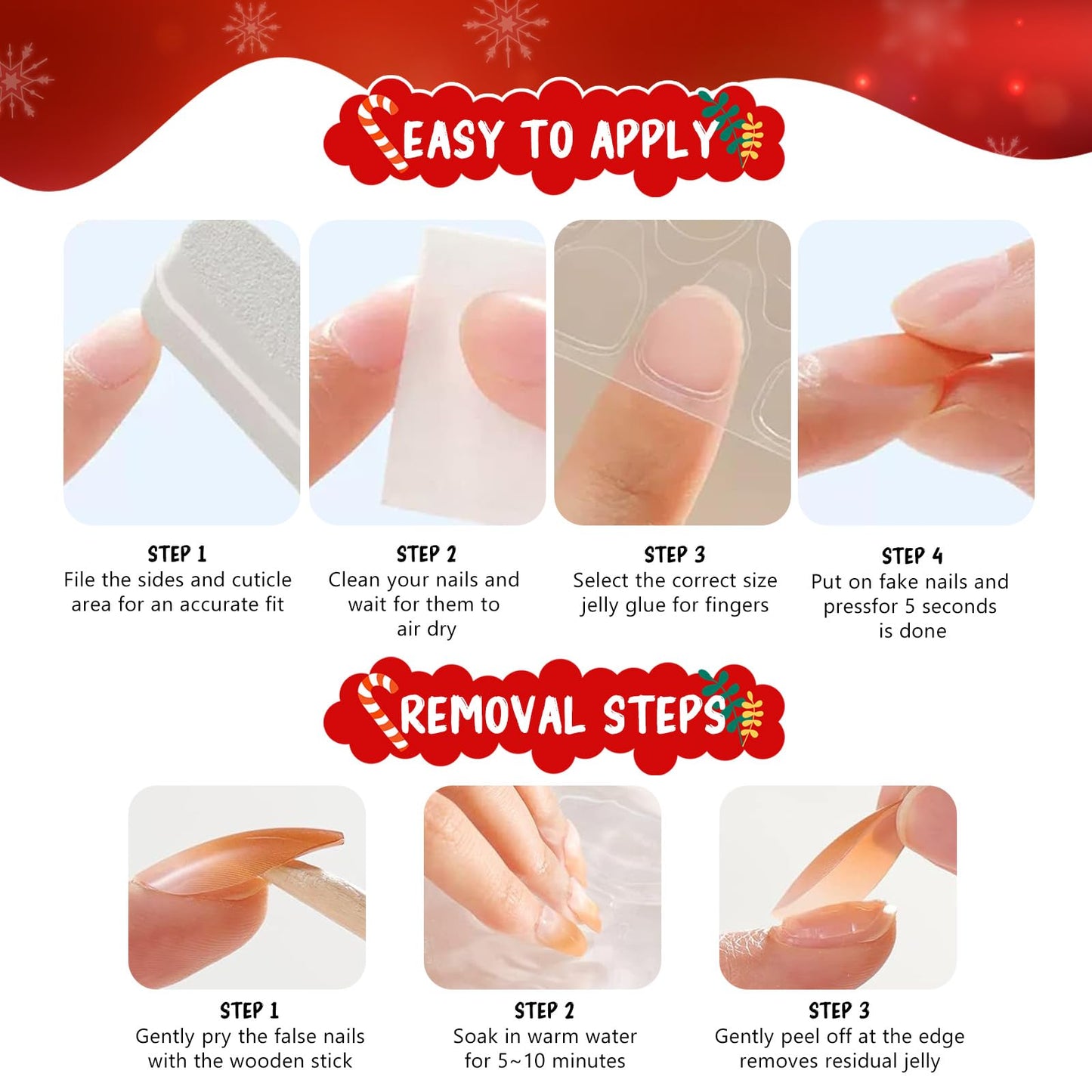 144 Pcs Christmas Press on Nails Kit Glossy False Nails with 6 Styles Designs Full Cover Acrylic Nail Christmas Santa Claus Elk Gingerbread Man Fake Nail Set for Women DIY Manicure Decoration