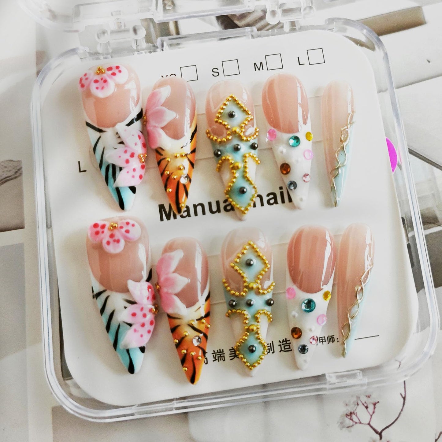 10 Pcs Handmade Acrylic Press on Nails Long Stiletto Fake Nails with Design 3D Flower False Nails Leopard Print French Tip Artificial Stick on Nails for Women Wedding Manicure - Size M