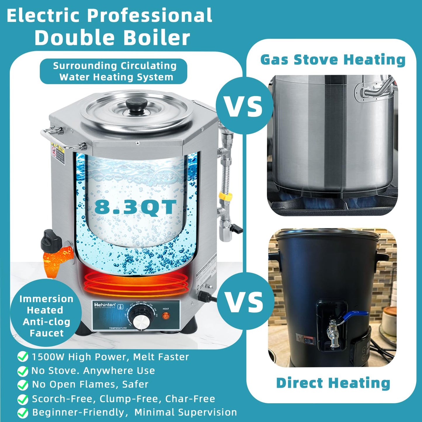 Hehinton 3-in-1 Professional Double Boiler Melting Pot, 8.3Qt 1500W All Stainless Steel Melter for Chocolate, Candle Wax Soap Making | Fast Even Heating Melting & Keeping Warm