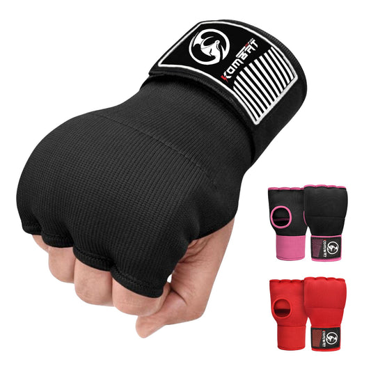 Kombat Gel Boxing Hand Wraps, Padded Inner Gloves for Men & Women, 75cm Quick Wrist Wraps, Knuckle & Wrist Protection for Muay Thai, MMA, Kickboxing, Martial Arts, Punching Training(Black, Large)