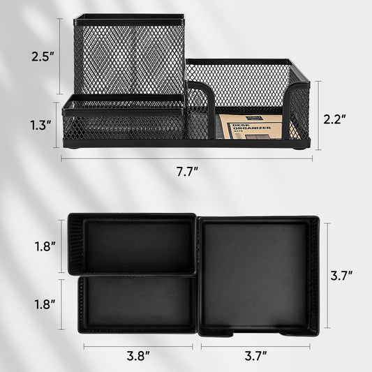 deli Mesh Desk Organizer Office Supplies Caddy with Pencil Holder and Storage Baskets for Desktop Accessories, 3 Compartments, Black