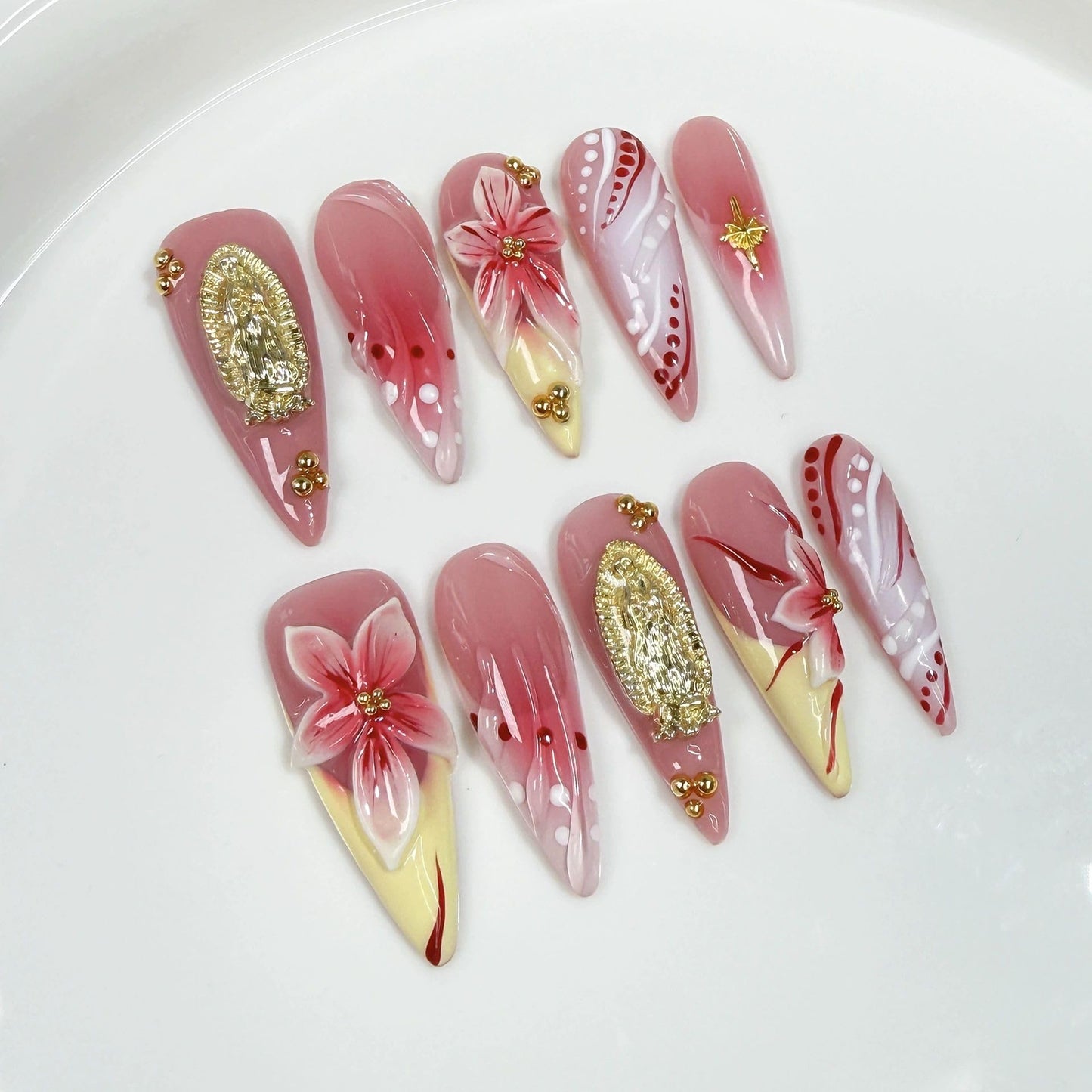 Threelegscat Handmade Press on Nails Long Almond Shape Fake Nails Stiletto Nail With Design for Women and Girls 10pcs Size M Pattern St1156