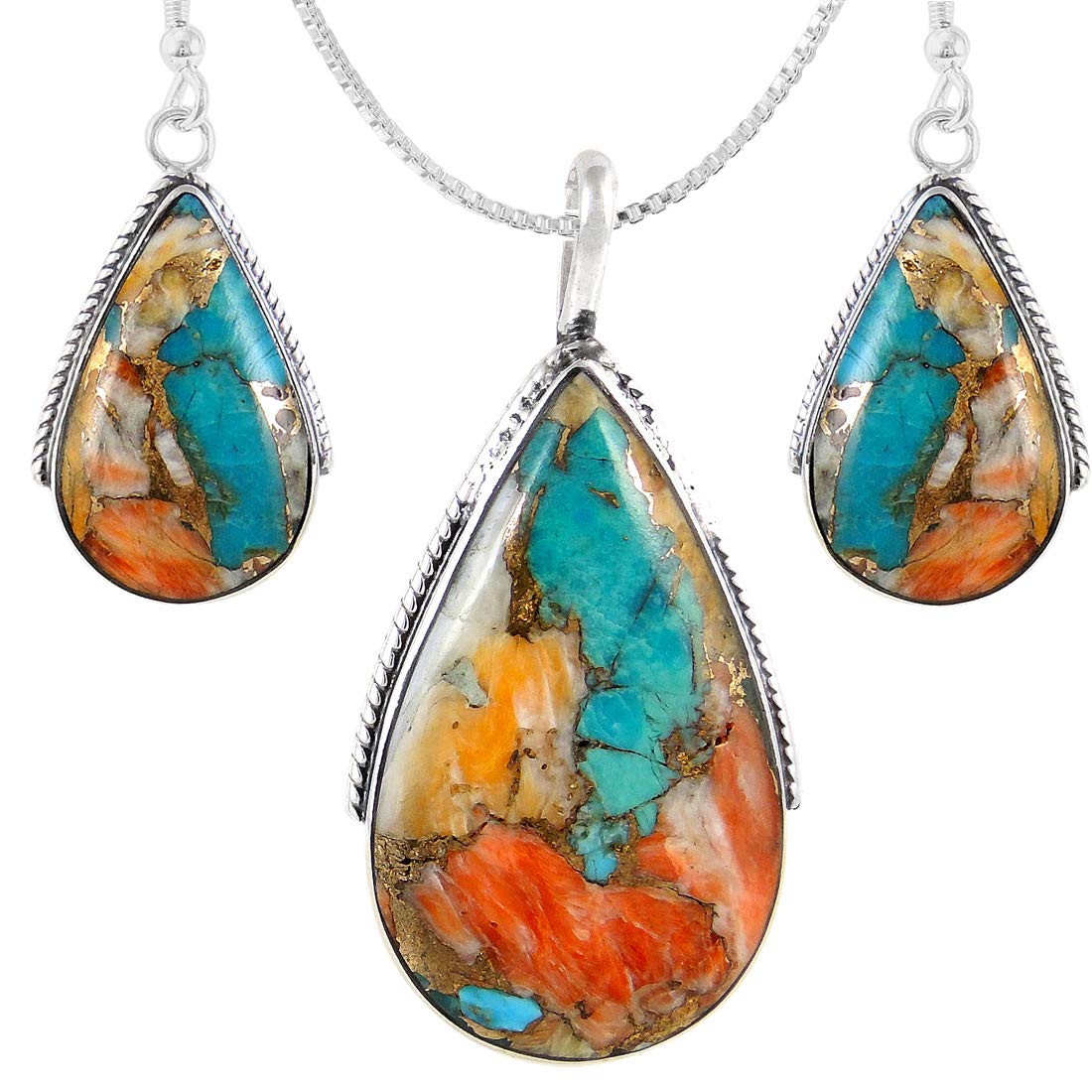 Genuine Gemstones Necklace Earrings Pendant Set 925 Sterling Silver (24" Length) (Spiny Turquoise)