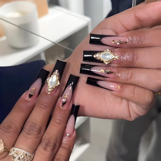 IMSOHOT French Tip Press on Nails Long Square Fake Nails with Golden Rhinestone Design Black Nail Tips Glossy Glue on False Nails Full Cover Stick on Nails for Women