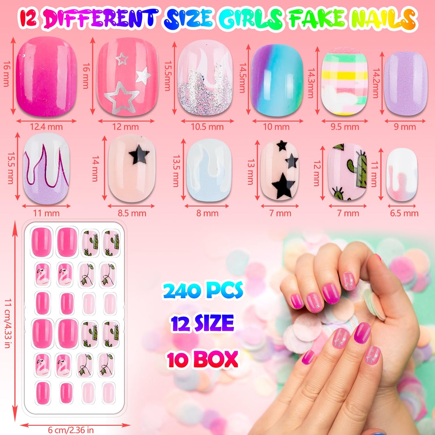 240 Pieces Fake Nails for Kids Girls Artificial Kids Press on Nails Full Cover Short Acrylic Stick On Nails False Nail Tips Kit for Children Little Girls Nail Art Decoration (Stars)