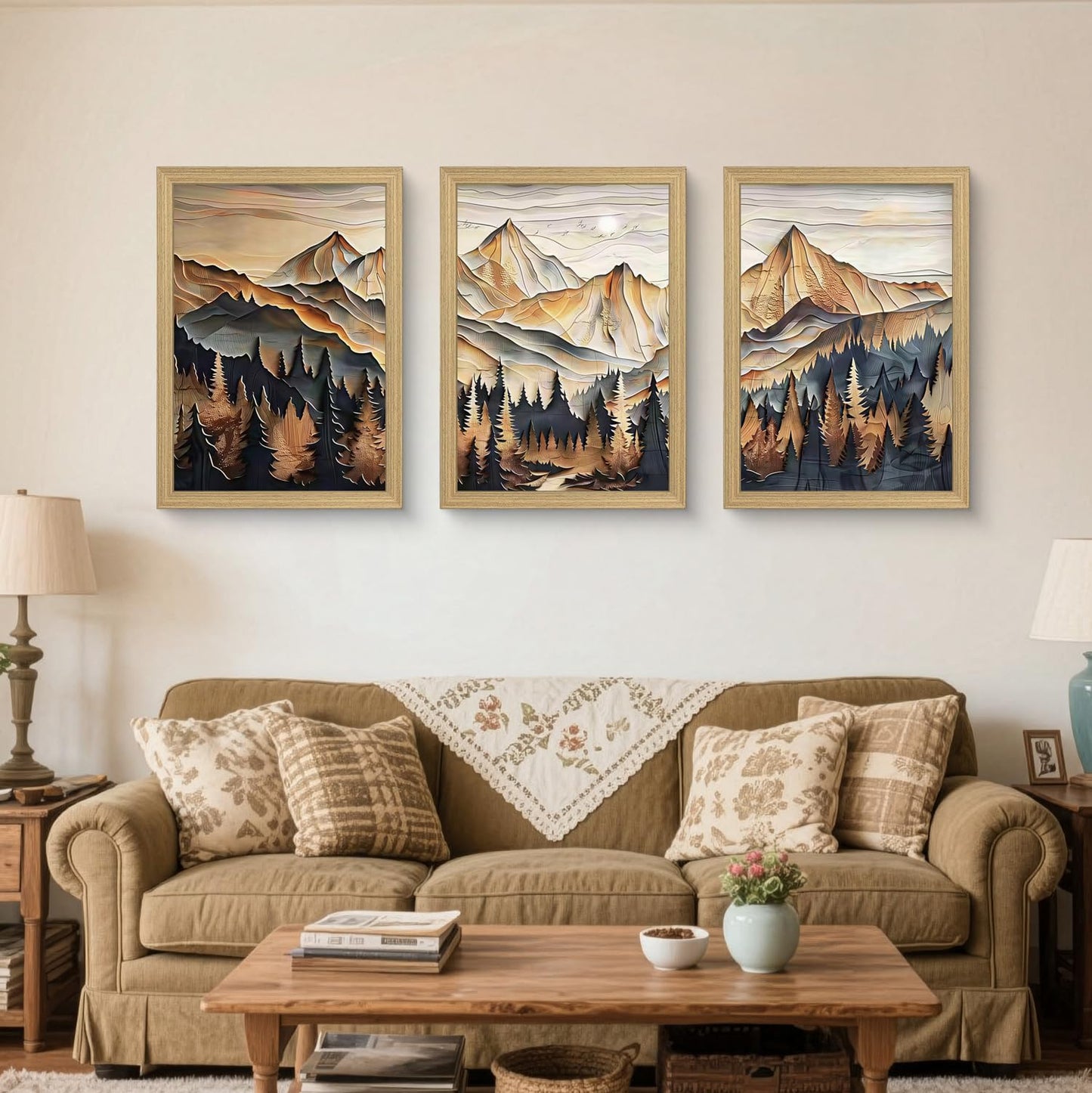 Framed 3D Texture Mountain View Canvas Wall Art Landscape Oil Painting Nature Poster Gallery Relief Technology Artwork Forest Scenery Wall Decor Painting Living Office 16x24inchX3 Ready to Hang