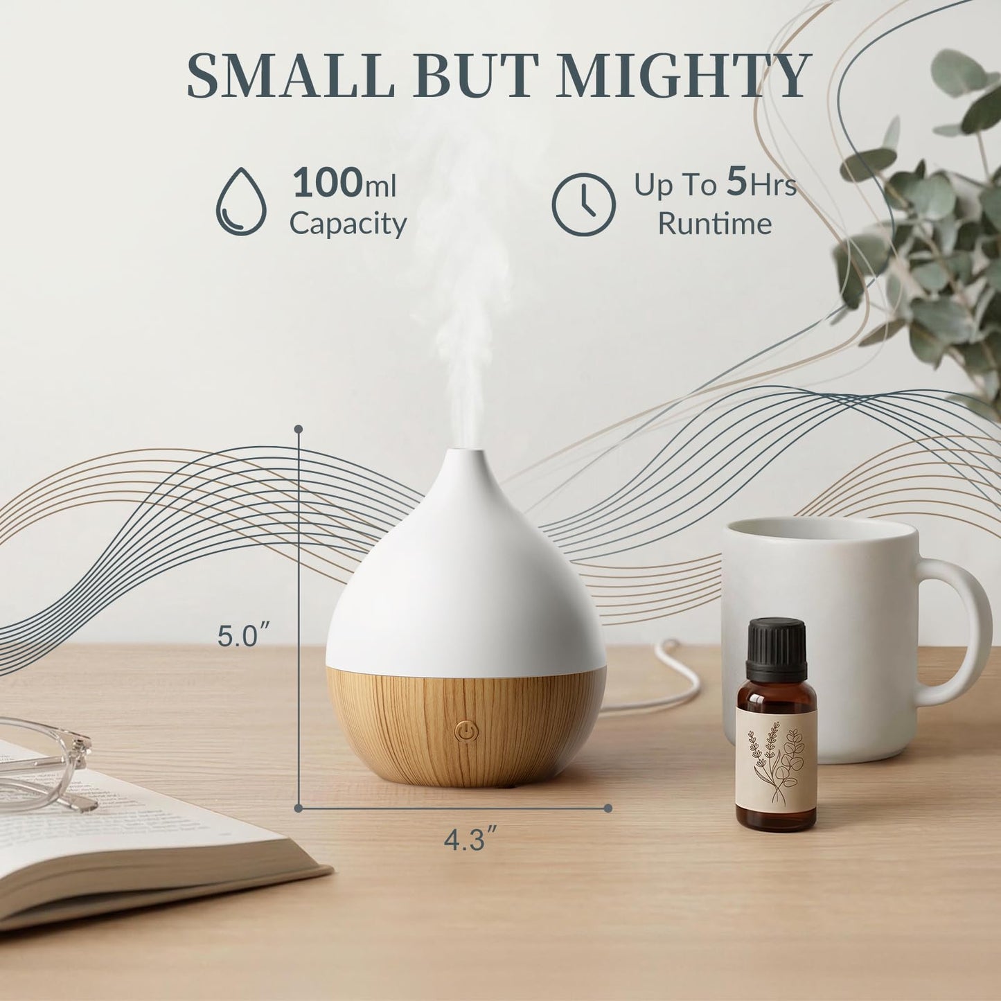 Cegsin Essential Oil Diffuser with Adapter, 100ml Small Aromatherapy Scent Machine for Home & Office Desk, 7 Color LED Cool Mist Humidifier, Auto Shut-Off, Classic Teardrop White