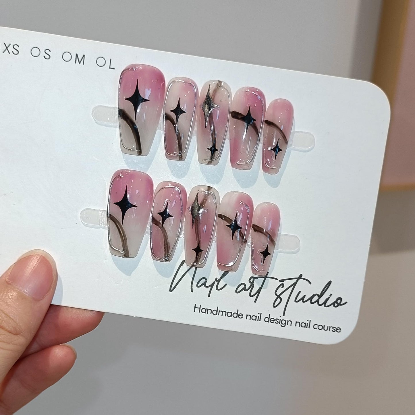 TENPAL Pink Ombre Silver Coffin Acrylic Nails,Handmade Press On Nails With Tools,Glossy Y2K Star Glitter Designs Glue on Nails,Cute Cool Retro Kawaii Kpop False Fake Nails for Women 10Pcs(S)