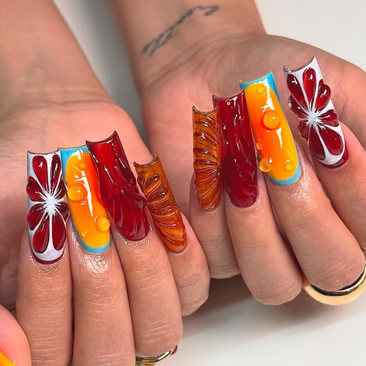 plalely Square Press on Nails Long Gradient Fake Nail Blood Orange with Water Drop Design Acrylic Nail Press ons Embossed Lemon Stick on Nail for Women 24pcs