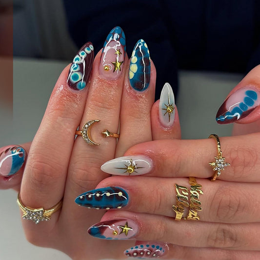 octoswave Press on Nails Long Almond Fake Nails Gold Stars Artificial Nail Glossy Spot Stick on Nail for Women 24pcs