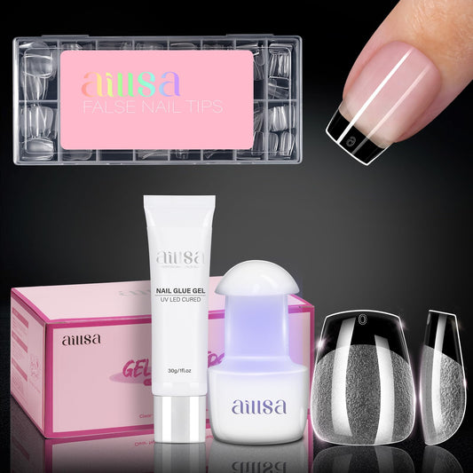 AILLSA Gel Nail Tips Kit Extra Short Coffin Nail Tips 120pcs, Gel Nail Glue 30g with Portable Nail Lamp