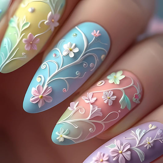 24Pcs Medium Almond Fake Nails Floral Macaron Press on Nails with Colorful Flowers Designs Spring Summer Nails Glue on Acrylic False Nail Full Cover Glossy Stick on Nail for Women Manicure Kit