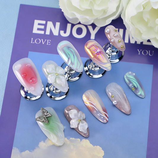 3D Floral Press on Nails Medium Almond Fake Nails Pure Handcrafted Nail Aurora Ombre Nail Press ons with Butterfly Design Stick on Nail for Women Spring Manicure(M)